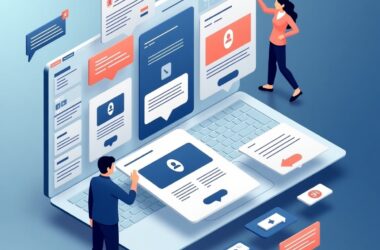Modular web design interface with structured content blocks and omnichannel delivery icons representing scalable marketing in 2025.