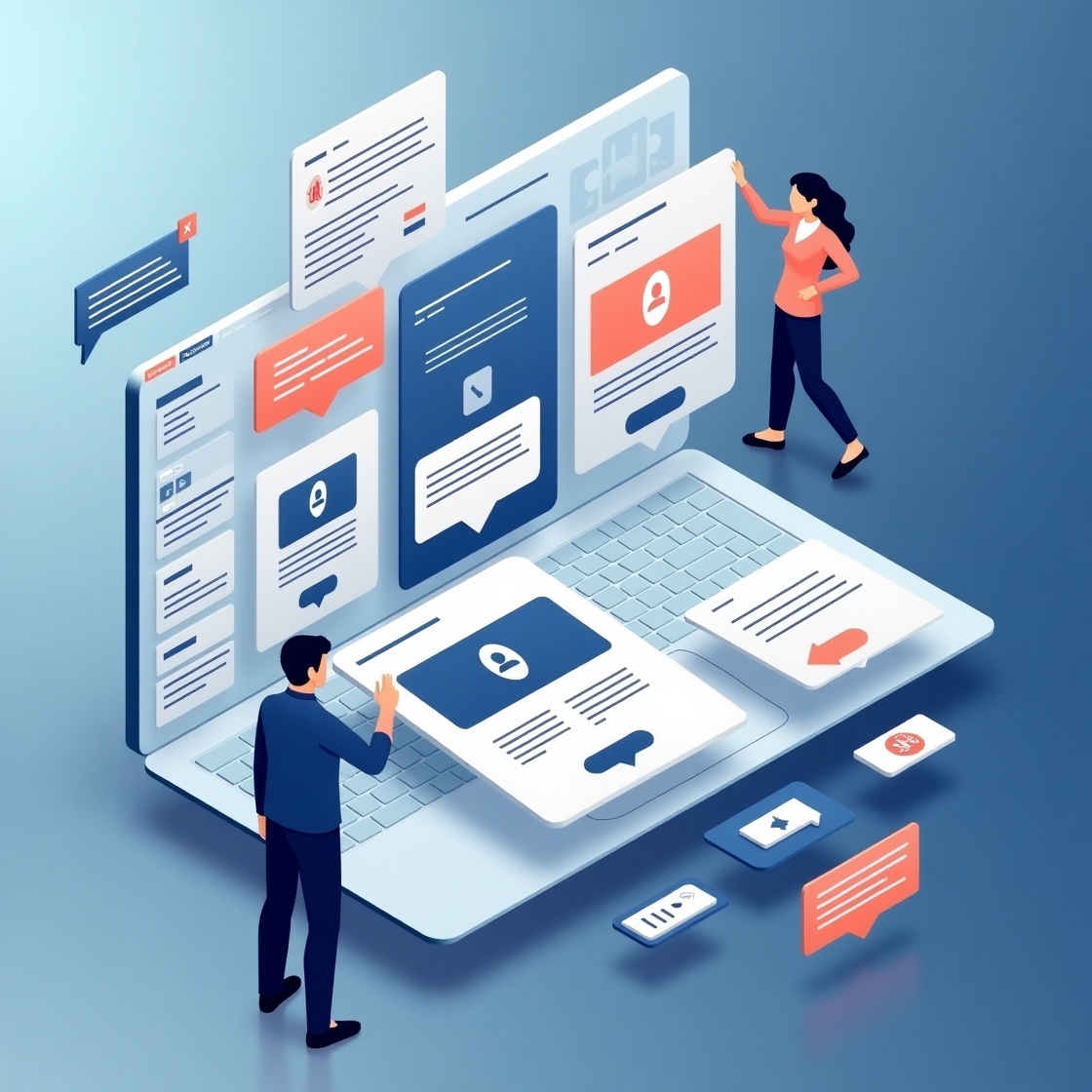 Modular web design interface with structured content blocks and omnichannel delivery icons representing scalable marketing in 2025.